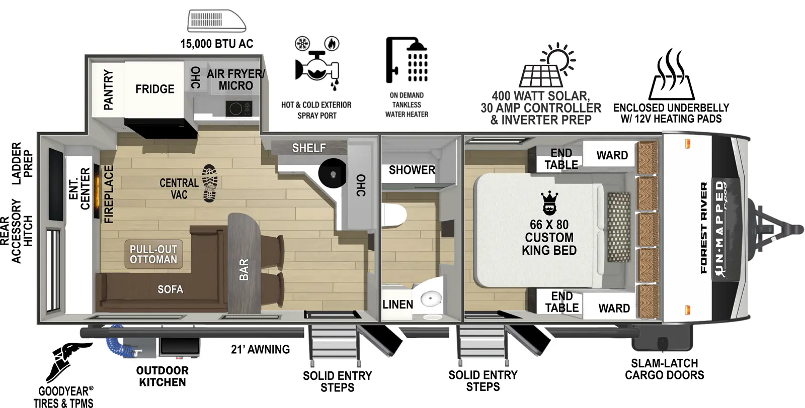The Un-Mapped 25RL floorplan has two entries and one slide out. Exterior features include: fiberglass exterior, 21' awning and outside kitchen. Interiors features include: front bedroom, rear living and pass through bathroom.